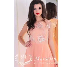 Женское нежное персиковое платье в пол \ верх кружево L