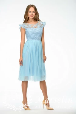 Женское кружевное платье с фатином без рукавов M, Голубой
