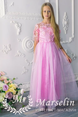Детское платье в пол нарядное пышное с 3Д цветами жемчугом 128-134