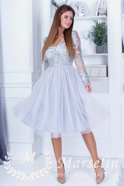 Женское праздничное платье с кружевом M, Серебро