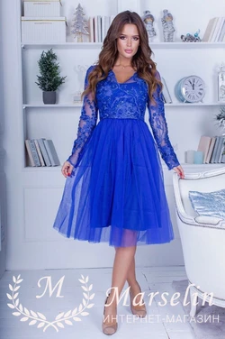Женское праздничное платье с кружевом M, Электрик