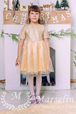 Детское нарядное платье золото \ атлас \ фатин 116-128, Золото